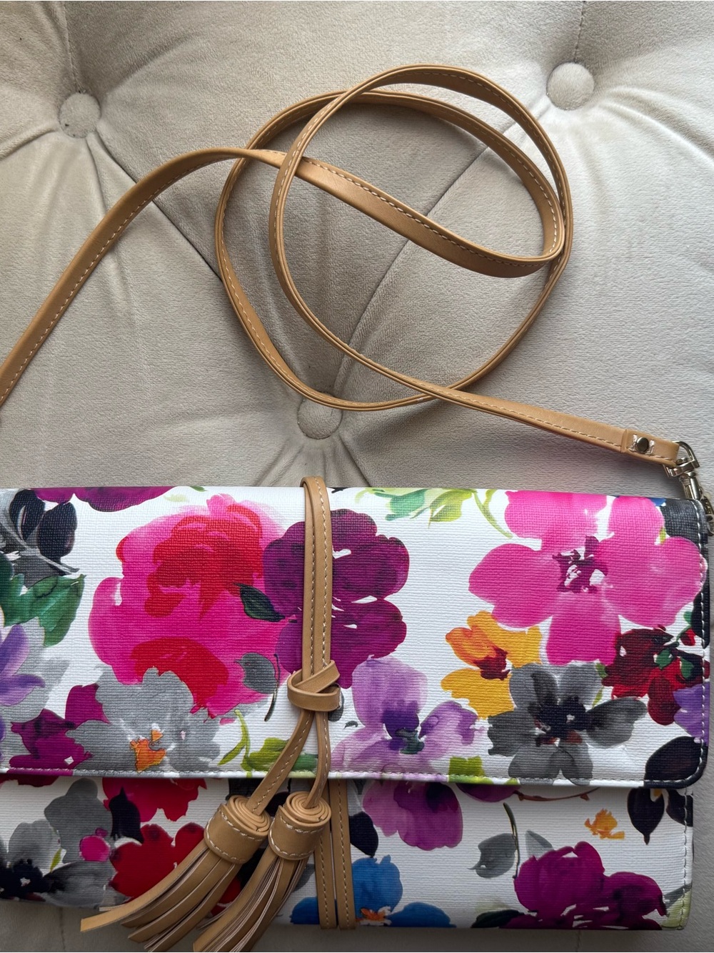 Sondra Roberts White Floral Crossbody with Tan Strap
